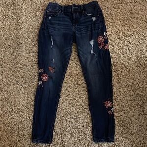 Express Dark Blue Floral Embroidery Women's Distressed Skinny Jeans